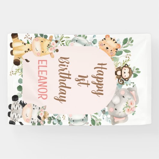 Roze Arch Safari Party Dieren 1e Verjaardag Spandoek (Horizontaal)