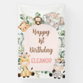 Roze Arch Safari Party Dieren 1e Verjaardag Spandoek (Verticaal)