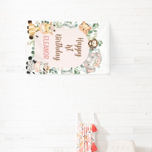 Roze Arch Safari Party Dieren 1e Verjaardag Spandoek (Insitu)