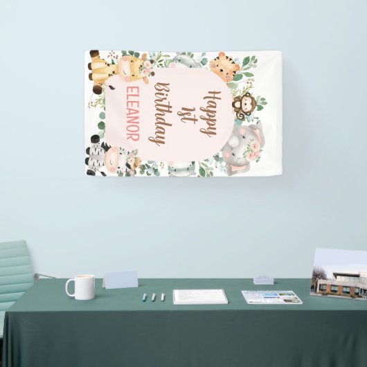 Roze Arch Safari Party Dieren 1e Verjaardag Spandoek (Beurs)