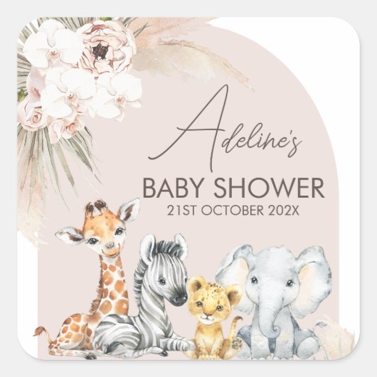 Roze Arch Safari Wild Een Baby shower Vierkante Sticker (Voorkant)
