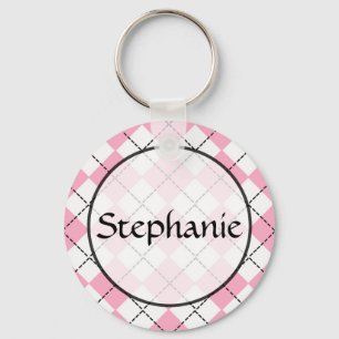 Roze Argyle  naam Button Sleutelhanger