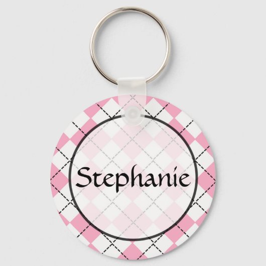 Roze Argyle naam Button Sleutelhanger (Voorkant)