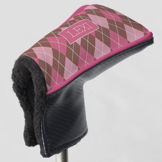 Roze Argyle op bruin  patroon met elke naam Golfheadcover (3/4 voorkant)