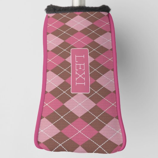 Roze Argyle op bruin  patroon met elke naam Golfheadcover (Draai 90)