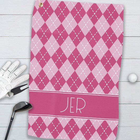 Roze Argyle Schotse Ruit Monogram Beginletters Golfhanddoek