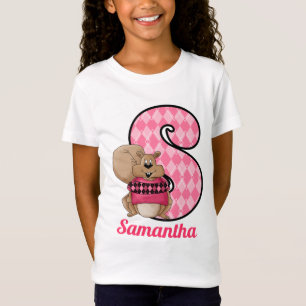 Roze Argyle Squirrel Monogram Letter S met naam T-shirt