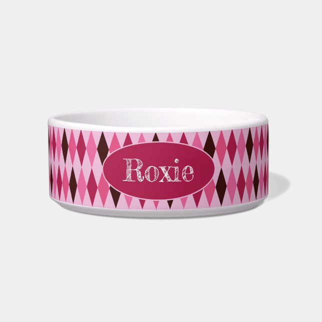 Roze Argyle Valentijnsdag Keramische Pet Bowl Voerbakje (Voorkant)