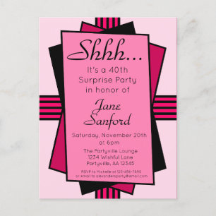 Roze Art Deco 40th Surprise Party Birthday Uitnodiging Briefkaart