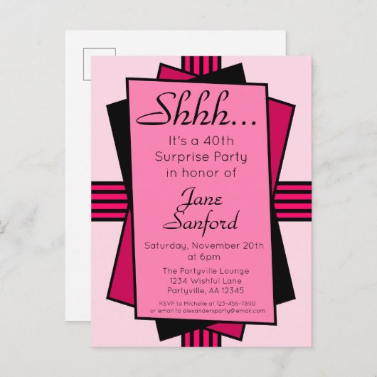 Roze Art Deco 40th Surprise Party Birthday Uitnodiging Briefkaart (Voorkant / Achterkant)