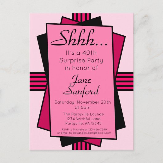 Roze Art Deco 40th Surprise Party Birthday Uitnodiging Briefkaart (Voorkant)