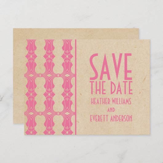 Roze Art Deco Border Save the Date Briefkaart (Voorkant / Achterkant)