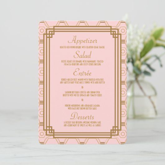 Roze Art Deco Bruiloft Menu (Staand voorkant)