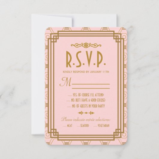 Roze Art Deco Bruiloft RSVP Kaarten Kaartje (Voorkant)