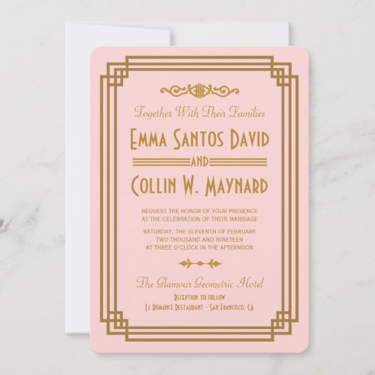Roze Art Deco bruiloft uitnodigingen (Voorkant)