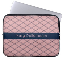 Roze Art Deco Patroon met Navy Naam Streep Laptop Sleeve