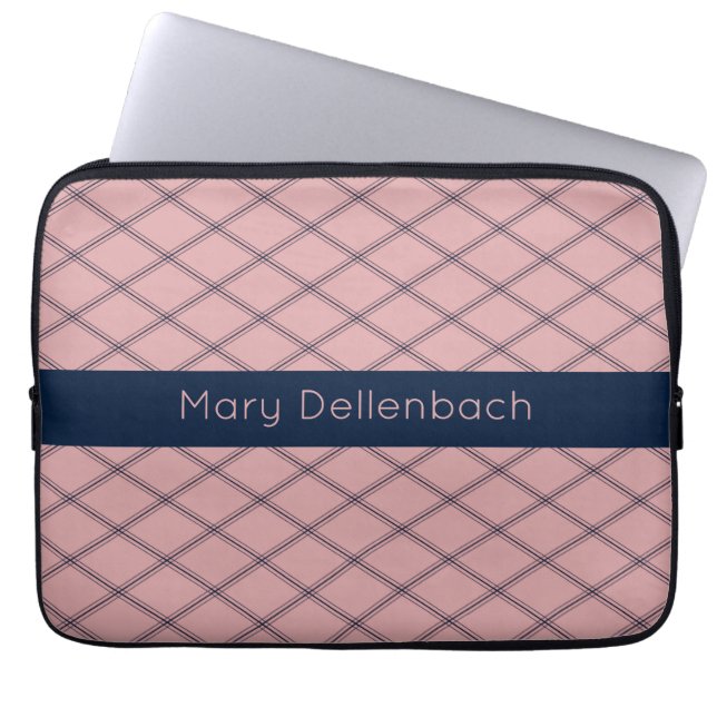 Roze Art Deco Patroon met Navy Naam Streep Laptop Sleeve (Voorkant)