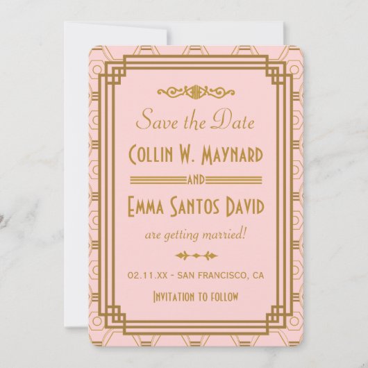 Roze Art Deco Save The Date uitnodigingen (Voorkant)