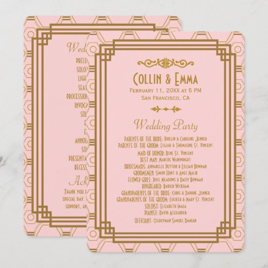 Roze Art Deco Trouwprogramma's Programmakaart (Voorkant / Achterkant)