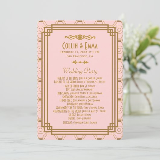 Roze Art Deco Trouwprogramma's Programmakaart (Staand voorkant)