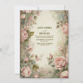 Roze  Art Nouveau Bloemenbruiloft Kaart (Voorkant)