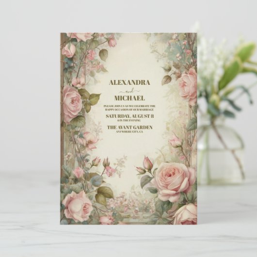 Roze Art Nouveau Bloemenbruiloft Kaart (Staand voorkant)