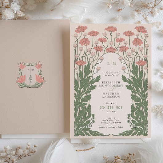 Roze  Art Nouveau Bloemenbruiloft Kaart