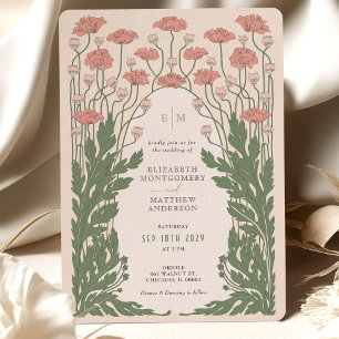 Roze Art Nouveau Bloemenbruiloft Kaart