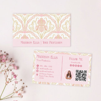 Roze Art Nouveau Bloemencode QR-code en foto Visitekaartje
