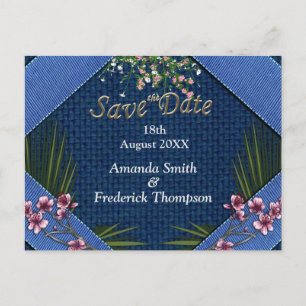 Roze arty Flowers op Blue-fabric textuur Aankondigingskaart