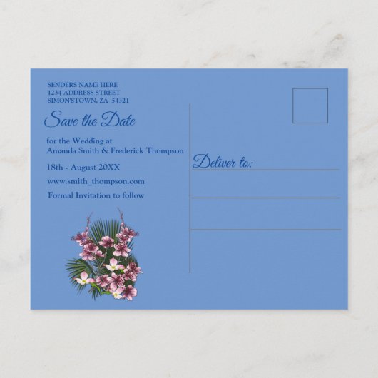 Roze arty Flowers op Blue-fabric textuur Aankondigingskaart (Achterkant)