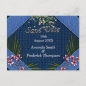 Roze arty Flowers op Blue-fabric textuur Aankondigingskaart (Voorkant)