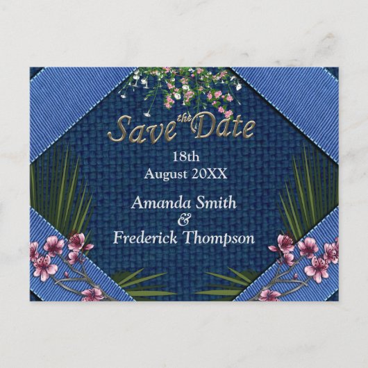 Roze arty Flowers op Blue-fabric textuur Aankondigingskaart (Voorkant)