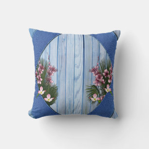 Roze Arty Flowers op Blue-wood-Fabric textuur Kussen