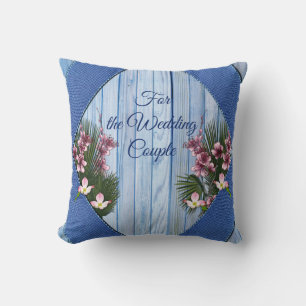 Roze Arty Flowers op Blue-wood-Fabric textuur Kussen