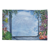 Roze Arty Flowers op Blue-wood-Fabric textuur Kussensloop (Achterkant)