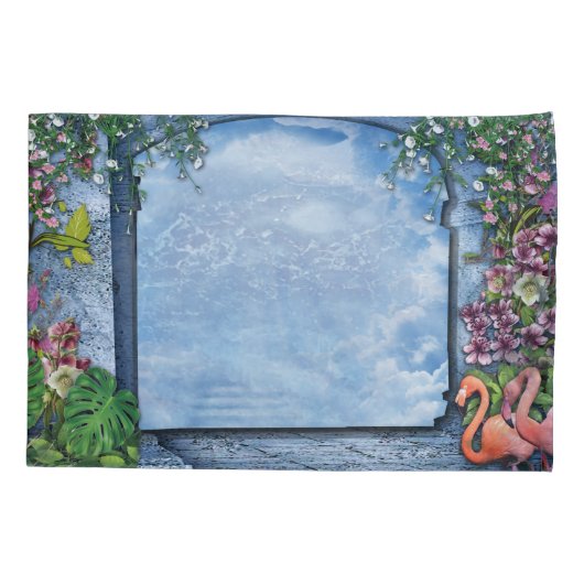 Roze Arty Flowers op Blue-wood-Fabric textuur Kussensloop (Achterkant)