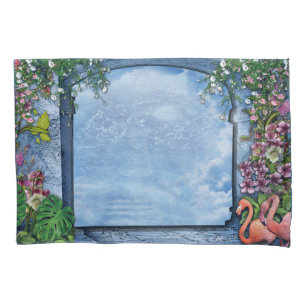 Roze Arty Flowers op Blue-wood-Fabric textuur Kussensloop