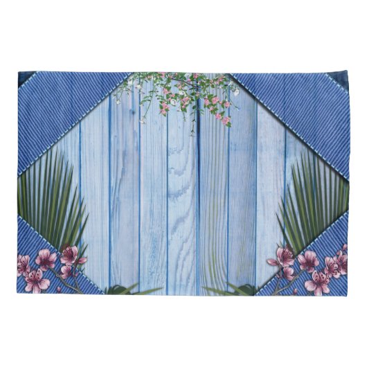 Roze Arty Flowers op Blue-wood-Fabric textuur Kussensloop (Achterkant)