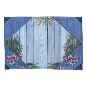 Roze Arty Flowers op Blue-wood-Fabric textuur Kussensloop
