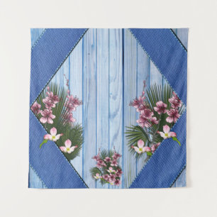 Roze Arty Flowers op Blue-wood-Fabric textuur Wandkleed