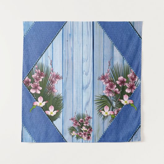 Roze Arty Flowers op Blue-wood-Fabric textuur Wandkleed (Voorkant)