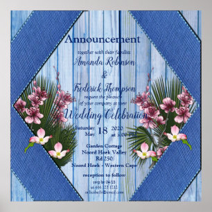 Roze Arty Flowers op Blue-wood Texture Poster