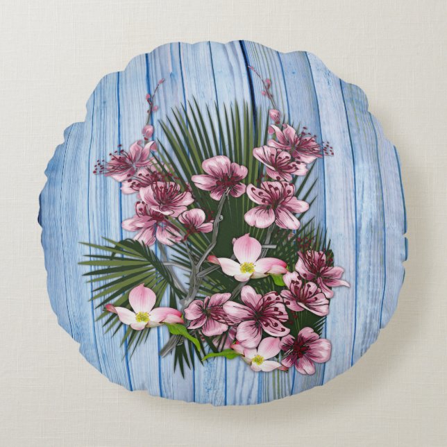 Roze Arty Flowers op Blue-wood-texture Rond Kussen (Voorkant)