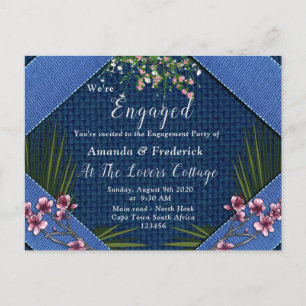 Roze arty Flowers op Blue-wood texture Verloving Uitnodiging Briefkaart