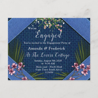 Roze arty Flowers op Blue-wood texture Verloving Uitnodiging Briefkaart