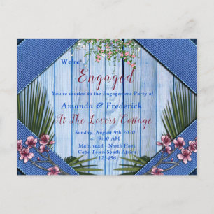 Roze arty Flowers op Blue-wood texture Verloving Uitnodiging Briefkaart