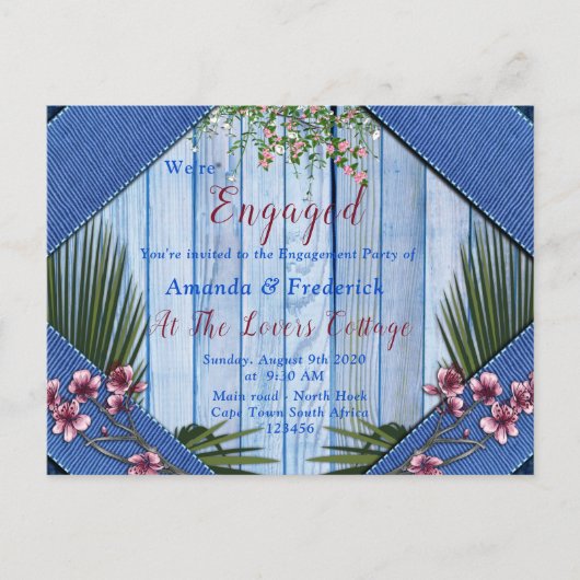 Roze arty Flowers op Blue-wood texture Verloving Uitnodiging Briefkaart (Voorkant)