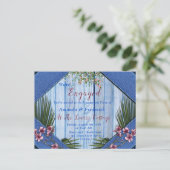 Roze arty Flowers op Blue-wood texture Verloving Uitnodiging Briefkaart (Staand voorkant)