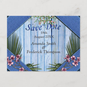 Roze arty Flowers op Blue-wood textuur Aankondigingskaart